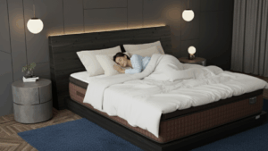 A person sleeping comfortably on the best mattress in Malaysia in a cozy modern bedroom.