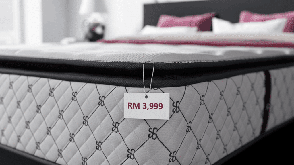 Close-up of a luxury mattress with a price tag showing RM 3,999, illustrating how much a good mattress costs in Malaysia.