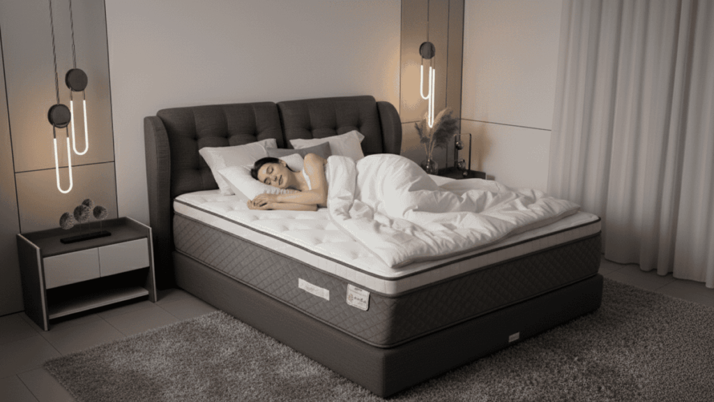 A person sleeping comfortably on a mattress in a modern bedroom with soft lighting and neutral tones, illustrating the best mattress for back pain in Malaysia. The bed features a plush gray headboard, white bedding, and a cozy atmosphere that conveys relaxation and spinal support.